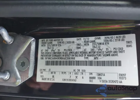 2013 Ford Escape Sel from USA, damaged, VIN 1FMCU0HX5DUC09392